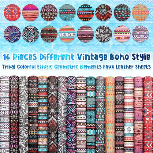 Vista 4 de Weewooday 16 hojas de piel sintética a cuadros a rayas, estilo bohemio, vintage, estilo bohemio, hojas de tela de cuero, geometría sintética