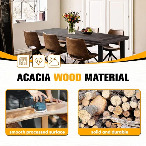 Vista 7 de Mesa de comedor Flamaker para 6 personas de madera de acacia FSC para interior y exterior, mesa de cocina del hogar con patas de hierro, mesa grande