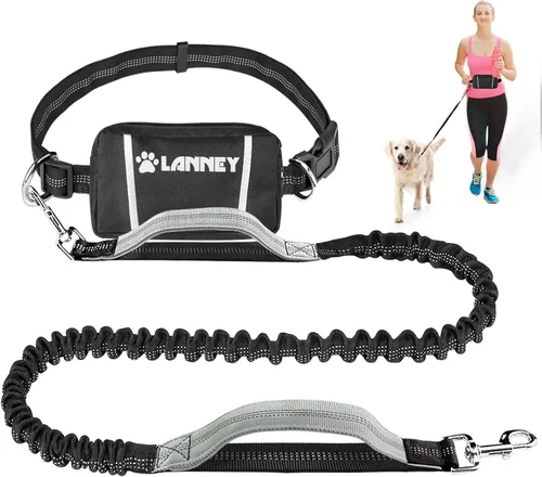 Vista 8 de Correa de perro manos libres, correa de cintura para correr con cremallera, bolsa para caminar para perros medianos grandes, mango doble