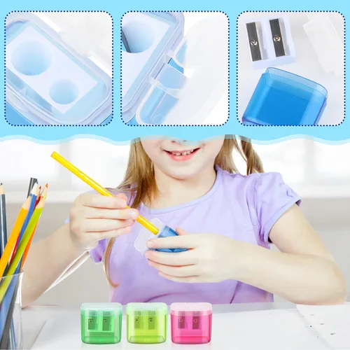 Vista 3 de 24 sacapuntas manuales de doble agujero con tapa, sacapuntas de colores portátiles para niños y adultos, escuela, oficina, hogar, viajes