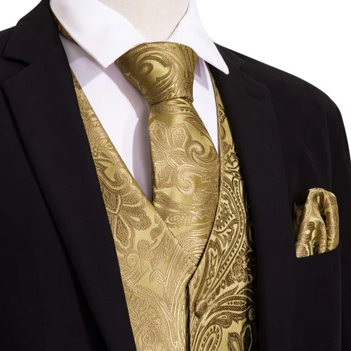 Vista 2 de Barry.Wang Chaleco formal de los hombres Paisley Jacquard seda corbata traje chaleco conjunto boda 5PCS
