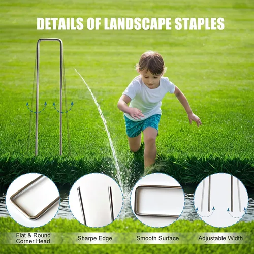 Vista 4 de Grapas galvanizadas para paisaje, paquete de 100 estacas de césped de jardín de 6 pulgadas, calibre 11 en forma de U, pasadores de césped
