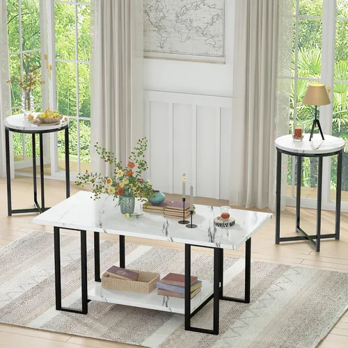 Vista 8 de Lamerge Juego de 3 mesas para sala de estar, mesa de café de mármol sintético con 2 mesas auxiliares redondas, juego de mesa de café con estructura