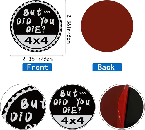 Vista 4 de Insignia "But Did You Die" Clasificada para Automóvil, Emblema Automotriz de Metal 4 x 4, Insignias de Metal 3D para Automóvil, Emblema Redondo