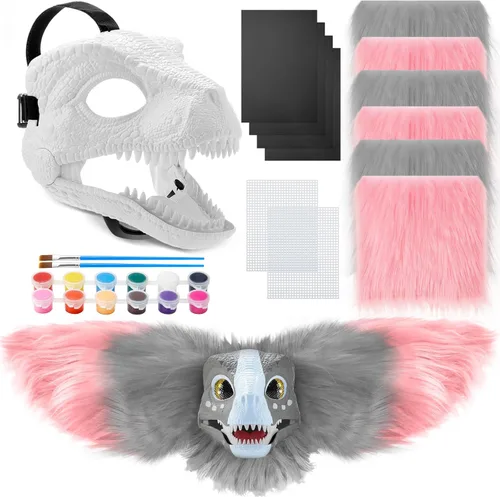 Vista 11 de Seenelling Kit de 13 piezas de máscara de dinosaurio DIY, máscara de dinosaurio de plástico duro, kit de disfraz de dinosaurio peludo Therian