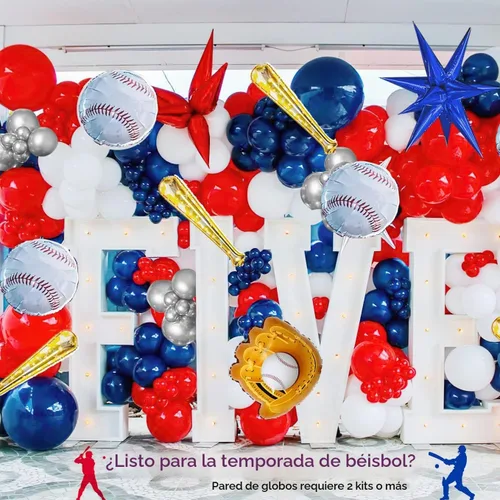 Vista 3 de Kit de arco de guirnalda de globos de béisbol de 150 piezas, globos de papel de aluminio rojos, azules, blancos, plateados y con estrella de bate