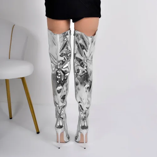 Vista 4 de richealnini Botas altas metálicas hasta el muslo con cremallera lateral, sexy, cerrada, puntiaguda, tacones de aguja, botas de motociclista, vestido
