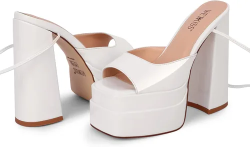 Vista 8 de wetkiss Tacones de plataforma para mujer, tacón grueso y sandalias de tiras con cordones, diseño de punta abierta para boda, trabajo, fiesta
