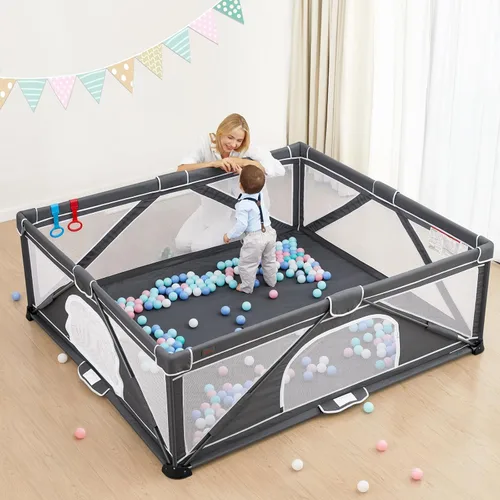 Vista 14 de Yobear - Corralito plegable para bebés y niños pequeños con 50 pelotas oceánicas y 2 asas, área de juego de seguridad para niños en interiores