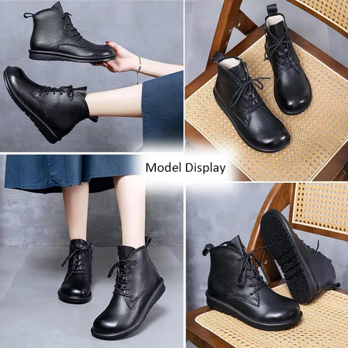 Vista 3 de AUNTHUI Botines de cuero genuino para mujer, botas cortas planas con punta redonda, cómodas y suaves, con cremallera lateral, botas casuales retro