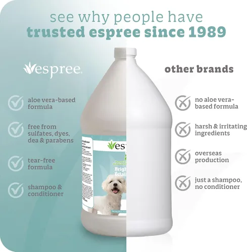 Vista 5 de Espree Bright White Champú y acondicionador blanqueador para perros, fórmula iluminadora para mascotas blancas y con revestimiento ligero