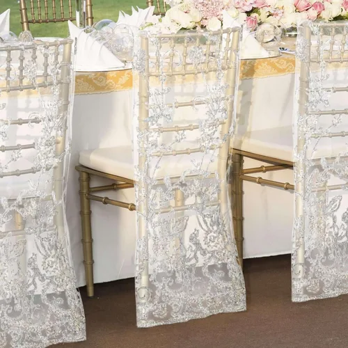 Vista 3 de Efavormart Funda de encaje bordada con lentejuelas florales de organza blanca, cubierta de encaje para silla de boda