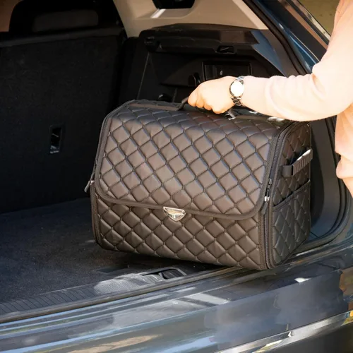 Vista 6 de Organizador de maletero de cuero con tapa para SUV y más, organizador de coche plegable, organizadores de coche y almacenamiento con bolsillos