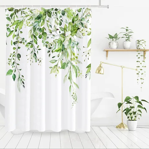 Vista 67 de Tititex - Juego de cortinas de ducha de eucalipto negro, hojas de acuarela gris en la parte superior, con decoración floral de baño, 60 x 72
