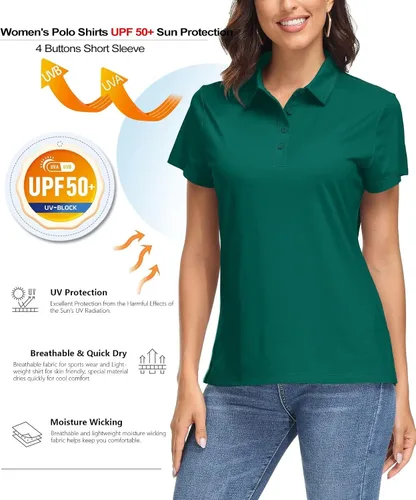 Vista 3 de MAGCOMSEN Polo para mujer UPF 50+, protección solar, 4 botones, casual, trabajo, secado rápido, manga corta, cuello de golf