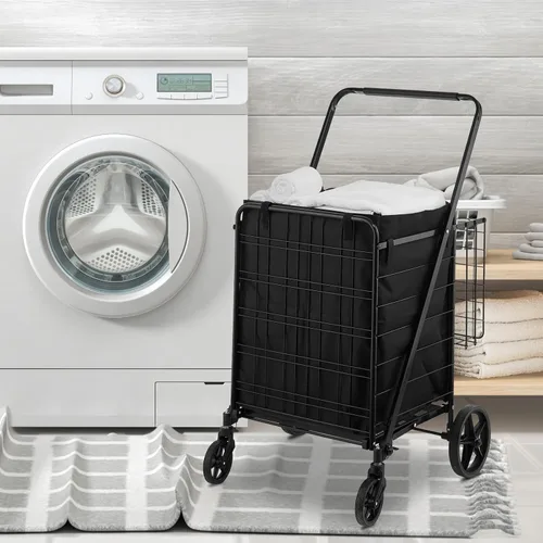 Vista 8 de VEVOR Carrito de compras plegable con forro impermeable extraíble, carrito de comestibles jumbo de gran capacidad de 330 libras con canasta doble