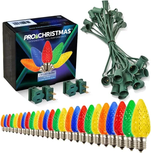 Vista 37 de Pro Christmas - Kit de luces C9 para exteriores, blanco cálido, cable verde, 50 bombillas, 50 pies