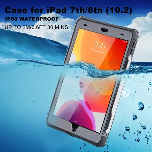 Vista 2 de ShellBox Case Funda impermeable para iPad 10.2 de 9ª/8ª/7ª generación, resistente a prueba de golpes, protector de pantalla integrado con correa