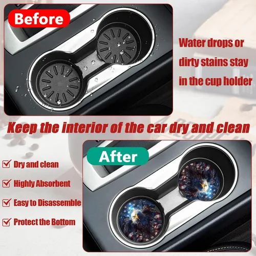 Vista 4 de Portavasos para automóvil, diseño de águila y bandera estadounidense, posavasos de cerámica absorbente para portavasos de automóvil, accesorios