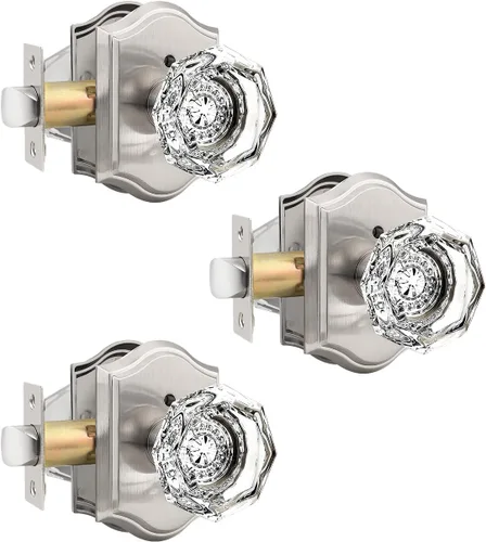 Vista 13 de Gobrico Juego de pomos de puerta de vidrio transparente para interiores, cerradura de puerta de cristal de diamante de privacidad en latón antiguo