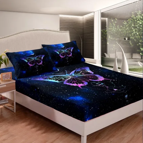 Vista 2 de Sábana bajera ajustable de mariposa, tamaño individual, estrellas estrelladas, galaxia azul, nebulosa, universo de nebulosa, suave, lujoso, juego