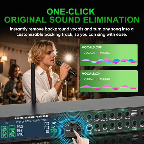 Vista 12 de AX-666 Mezclador Profesional de Karaoke Procesador KTV con Micrófonos Inalámbricos Duales, Sistema de Procesador de Efectos de Audio Vocal de Efecto