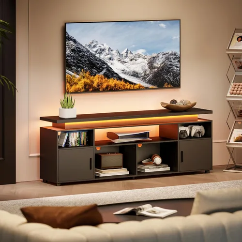 Vista 5 de SUNCOZE Soporte de TV, centro de entretenimiento con luces LED y gabinete para TV de 70/75/80 pulgadas, consola de TV moderna para juegos y medios