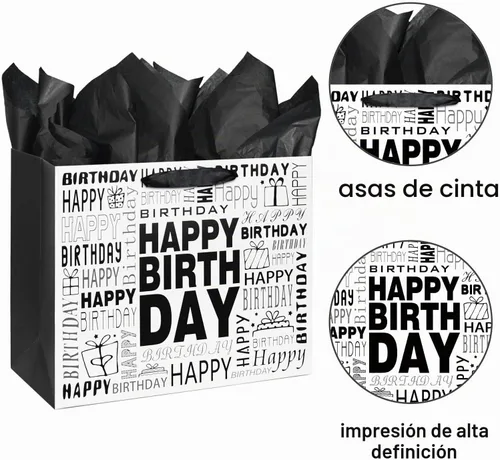 Vista 4 de Laidans Bolsa de regalo de feliz cumpleaños grande en blanco y negro de 13 13" Negro Blanco