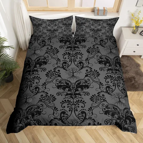 Vista 24 de Erosebridal Juego de ropa de cama gótica de damasco para adultos, funda de edredón victoriana antigua, tamaño individual, funda de edredón gótica