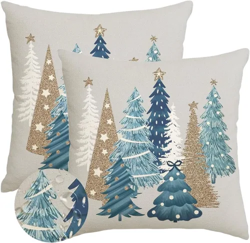 Vista 7 de RABUSOFA Fundas de almohada de Navidad para exteriores de 18 x 18 pulgadas, impermeables, decoración de árbol de Navidad, fundas de almohada