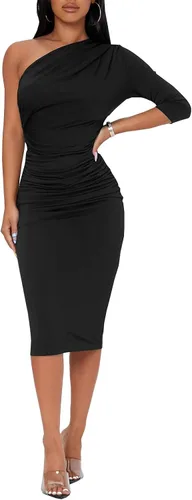 Vista 2 de HipGlamp Vestido midi sexy y elegante de un hombro para mujer, manga 34, vestido fruncido para fiesta de cóctel