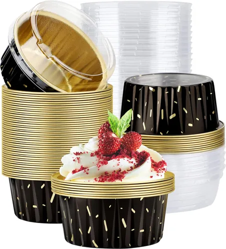 Vista 9 de EUSOAR Tazas de aluminio para hornear, paquete de 30 tazas de 5 onzas para cupcakes con tapas, moldes de pastel de 4.2 fl oz, flanes de postres