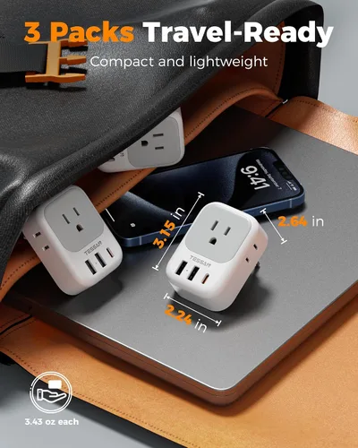 Vista 6 de TESSAN Adaptador de Enchufe de Viaje Europeo USB C Paquete de 3, Adaptador de Enchufe de EE.UU. a Europa con 4 Tomas de CA 3 Puertos de Carga USB