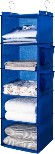 Vista 14 de BOOMIBOO Organizador de armario colgante y estantes, 5 estantes colgantes con 2 bolsillos laterales, almacenamiento plegable (beige)