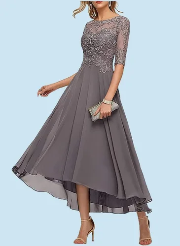 Vista 3 de A Line Tea Length Mother of The Bride Dress with Sleeve Half Sheer Lace Applique Chiffon Formal Evening Party Gowns for Women