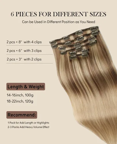 Vista 4 de VINBAO Extensiones de cabello humano con clip, balayage, color marrón ceniza a rubio caramelo, 14 pulgadas, 6 unidades, 3.53 onzas, 6