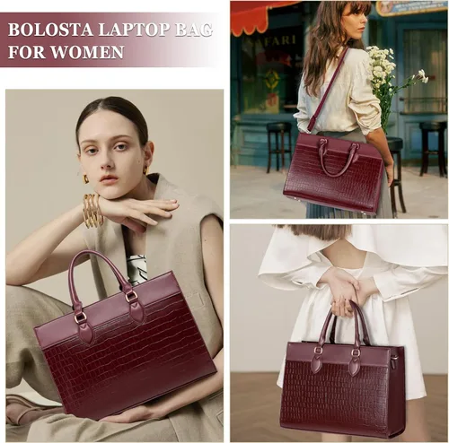 Vista 2 de BOLOSTA Bolsa para laptop para mujer, bolsa de trabajo de 15.6 pulgadas para mujer, bolsa grande de cuero impermeable para computadora con bolso