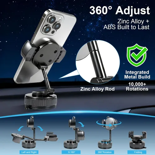 Vista 3 de Soporte de teléfono con bloqueo giratorio para parabrisas y salpicadero, soporte plegable para teléfono con rotación de 360° con base de succión