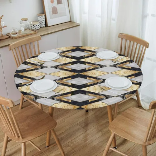 Vista 10 de Mantel redondo geométrico azul y blanco con bordes elásticos para mesas de hasta 45 a 50 pulgadas de diámetro