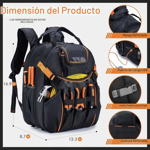Vista 3 de Mochila de herramientas resistente con 52 bolsillos, bolsa de herramientas para hombres, bolsas impermeables para electricista con compartimento