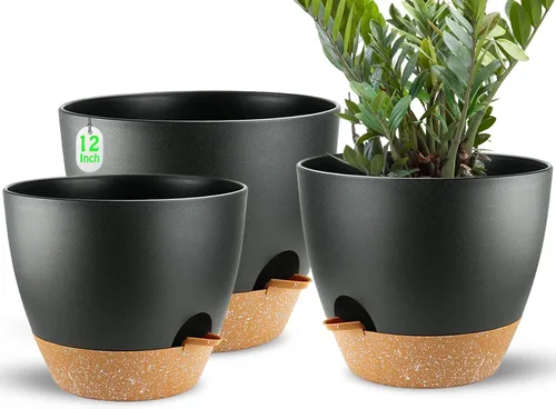 Vista 15 de Macetas de riego automático con orificio de drenaje, macetas para plantas de flores para interiores y exteriores, macetas de plástico negro