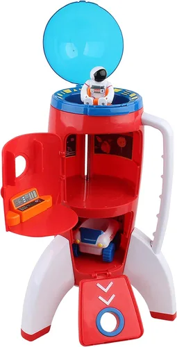 Vista 3 de Spaceship Rocket Toy Playset con 2 astronautas y vehículo Rover – Luces y sonido, asa de transporte para jugar y explorar el espacio – Serie Space