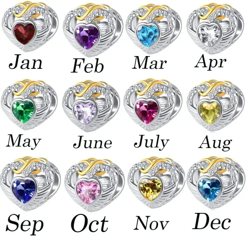 Vista 4 de Abalorio de cumpleaños de enero a diciembre, con forma de corazón y piedra natal de imitación, para pulseras