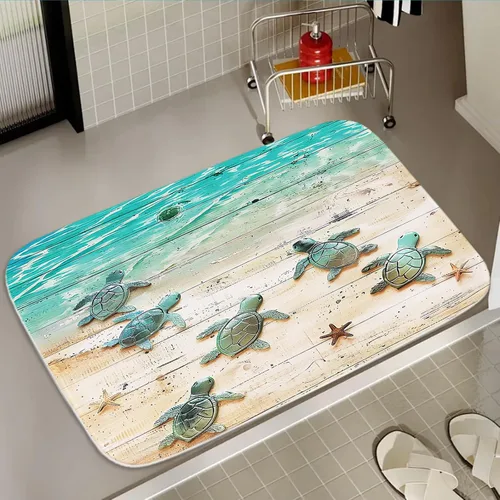 Vista 10 de Alfombra de baño de terciopelo coral con diseño náutico de tortugas marinas, animales de playa, tapete de ducha antideslizante para baño de océano