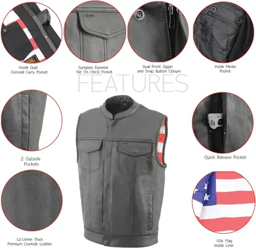 Vista 3 de Milwaukee Leather Men's Club Style Motorcycle Vest -Premium Leather, Dual Closure, CCW Pockets, Patch-Ready Back