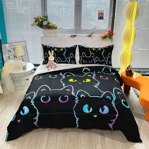 Vista 2 de BailiPromise Juego de edredón Kawaii de 3 piezas tamaño matrimonial, lindo juego de ropa de cama de dibujos animados de gatos, suave, cálido