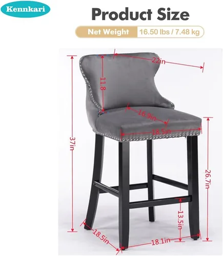 Vista 2 de Taburete de bar con patas de madera, juego de 2, taburete de bar tapizado de altura de mostrador con botón y cabeza de clavo, sillas de bar
