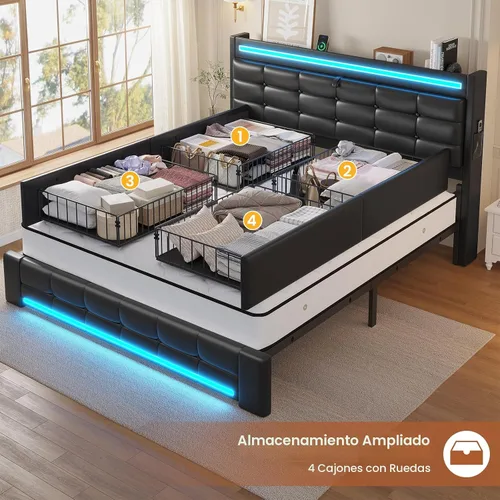 Vista 4 de ADORNEVE Marco de cama de tamaño matrimonial con cabecera de almacenamiento