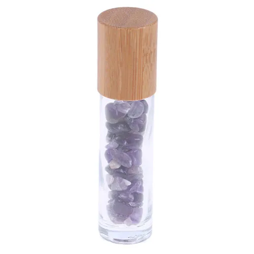 Vista 2 de Paquete de 5 botellas transparentes de 0.3 fl oz con chips de cristal de chakra naturales para aceites esenciales, botellas enrollables de vidrio