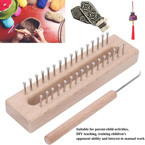 Vista 5 de Máquina de tejer rectangular de madera, telar de tejido a mano de madera natural con agujas de gancho curvadas de metal para bufandas, chales